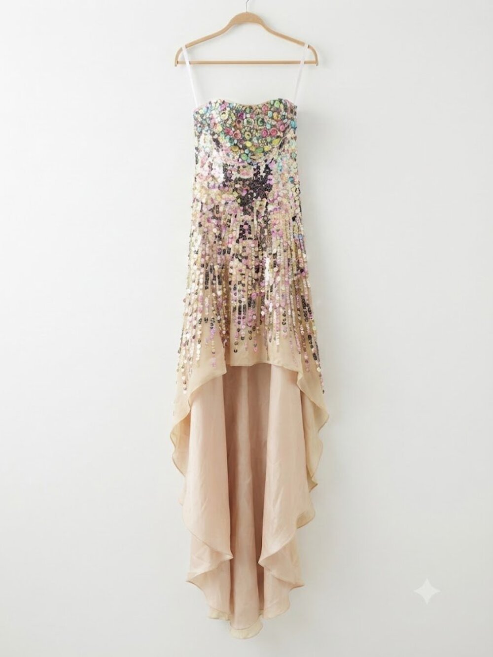 Sherri Hill Strapless Jeweled Sequin High Low Gown Nude Champagne Sz 0